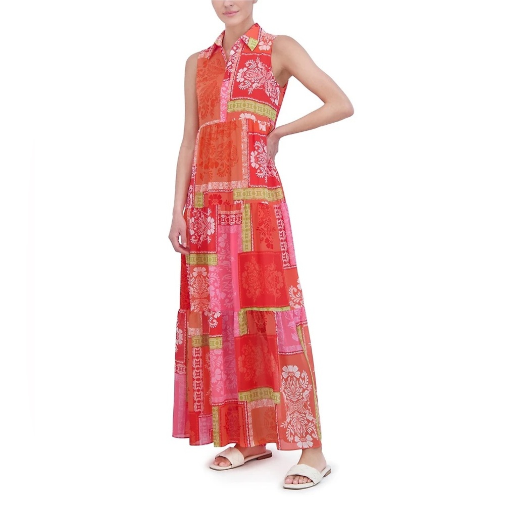 Jessica Howard Sleeveless Collared Neck Patchwork‎ Print Maxi Dress NWT Size 8